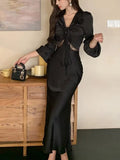 Nukty Autumn Satin Long Dresses for Women Long Sleeve Slim Mermaid Dress Vintage Solid Wedding Party Prom Robe Lace Up Vestidos Mujer