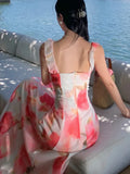 Nukty Women Sweet Pink Floral Elegant Sleeveless Ruffled Edges Slip Dresses Summer Romantic Bohemian Sexy Birthday Evening Party Dress