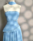 Nukty Sky Blue Beadings Prom Dresses Pleated Floor Length Evening Dresses vestidos de novia Back Zipper Party Dresses