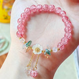 Nukty Korean New Sweet Daisy Flower Bracelet For Women Colorful Crystal Beaded Elastic Rope Bracelets Girl Party Wedding Jewelry Gifts