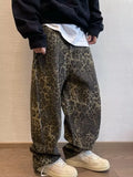Nukty Autumn Tan Leopard Jeans Men Denim Pants Male Oversize Wide Leg Trousers Streetwear Hip Hop Vintage Loose Casual Animal Print