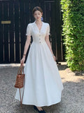 Nukty French Elegant Lace Long Dress Summer V-Neck Puff Sleeve Single Breasted Woman Dresses Office Lady Causal New Vestidos
