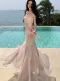 Nukty Elegant Print Long Dresses for Women Sexy Spaghetti Strap Bodycon Birthday Party Mermaid Dress Summer Slim Waist Vestidos Robe