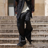 Nukty Ro Style Wide Leg Drawstring Black Cargo Pants Unisex Straight Baggy Casual Overalls Men's Streetwear Loose Oversized Trousers