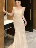 Nukty Fashion Slim Wasit Bodycon Evening Women Dresses New Flying Sleeve Korean  Sexy Elegant Mesh Solid Flowers Mermaid Dress
