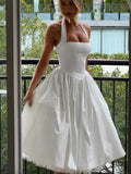 Nukty Elegant Solid High Waist Pleated A-line Dress Women Sexy Backless Sleeveless Slim Halter Dresses New Street Party Vestidos