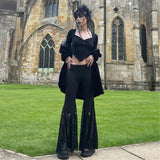 Nukty Solid Lace Patchwork Flared Bottom Trousers Gothic Black Flared Pants Breathable Stretch Flared Bottom Punk Pants