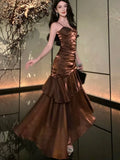 Nukty Fashion Spaghetti Strap Elegant Ruffles Women's Long Dresses Sleeveless Princess Party Dress Summer Slim Waist Casual Vestidos