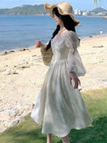 Nukty Autumn Elegant Jacquard Fairy Dress Vintage Court Style Lantern Sleeve Princess Party White Dresses Korean Bandage Vestidos New