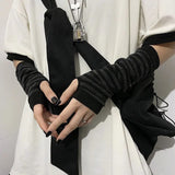 Nukty Punk Long Sleeves Fingerless Gloves Cuff for Women Men Stripe Hip-Hop Knitted Elbow Mittens Elastic Winter Arm Warmer Outdoor