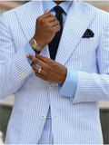 Nukty 2 Pieces  Casual Men Suits Seersucker Stripe Outfits Custom Wedding Groom Tuxedo Costume Homme Peaked Lapel Jacket+Pants