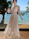 Nukty White Lace Flora Embroidery Women Dresses Bodycon Summer Vacation V-neck Vintage Women's Clothing Elegant Maxi Vestido Lady New