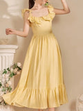 Nukty Yellow Ruffle Summer Chic French Pleated Long Dresses New Women's Flying Sleeve High Waist Square Collar Vacation Backless Dress