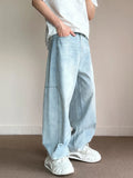 Korean Fashion Men's Baggy Jeans Light Blue High Street Straight Wide Trousers Personalized Washed Y2k Pants Male