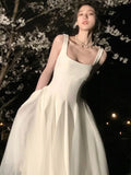 Nukty White Elegant Fairy French Sling Dress For Woman Summer Mesh Ball Gown Square-Collar Slim Fit Skirt Party Evening Dress