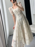 Nukty Vintage Fairycore Lace Long Dress Women Princess Sleeve Square Collar Dresses Elegant Beige Solid Evening Party Prom Vestidos