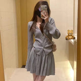 Nukty Y2K Mini Pleated Knitted Skirt Suits Women Autumn Chic Suit Elegant V-Neck Long Sleeve Cardigan Korean Solid Two-piece Sets New