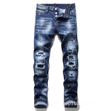 Nukty Men Blue Denim Jeans Skinny Holes Jeans Italian Style Stretch Denim Pants High Quality Male Slim Fit Denim Trousers Size 42