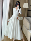 Nukty Vintage Elegant Solid Knitted Midi Dresses Women Korean Casual Long Sleeve Slim A-Line Black Birthday Party Robe Autumn Clothing
