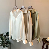 Nukty Women Autumn Shirt Vintage Satin Blouse Long Sleeve Satin Button Down Silky Shirt Work Office Top Ladies Casual Shir Clothingt