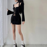 Nukty Vintage Chic Knitted Brown Skinny Mini Women Dresses Drawstring Corset Elegant Party Dress Flare Sleeve Slim Outfits