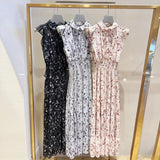 apan Style Flying Sleeve Floral Vestidos De Mujer Sweet Pleated Slim Waist Women Dress 2024 Chiffon  New Neck Robe