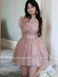 Nukty Korean Sweet Lace-up Mini Dress Elegant Print Puff Sleeve Ball Gown Birthday Party Short Dresses Summer Spring Princess Vestidos