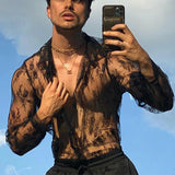 Nukty Men's Mesh See Through Mesh Sexy Lace Shirt Long Sleeve Fishnet Hollow Out Vintage Streetwear Slim Fashion Party Clothing S-XL