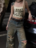 Nukty Blue Womens Jeans High Waist Vintage Y2K 2000s Summer Denim Pants Ripped Streetwear American Wide Leg Baggy Denim Trouser