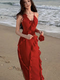 Nukty Women French Style Elegant Vintage Red Ruffles Party Dresses Slim A-Line V-Neck Wedding Evening Dress Spring Summer New