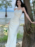 Nukty Spring Elegant Beige Long Dress Women New Fashion Spaghetti Strap Dresses Female Evening Party Prom Robe Summer Satin Gown Mujer
