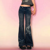 Nukty  Y2K Low Rise Flare Jeans for Woman Streetwear Aesthetic Print Jean Pants Vintage Washed Denim Trouser Grunge Fairycore