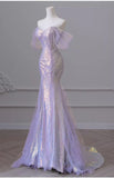 Nukty Purple Laser Sequin Beaded Mermaid Women Evening Dress with Puff Sleeves Tassel Pearls Tulle Train Prom Gown