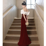 Nukty DRESS TO IMPRESS Wine Red Velvet Prom Dress Elegant Ruched Off Shoulder Engagement Dresses luxurious Mermaid Floor -Length Formal Banquet Gown