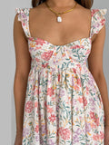 Nukty Women V-Neck Maxi Dress Sleeveless Ruffle Floral Print Boho Beach Dress Summer Casual Long Dress with Pockets