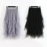 Nukty Women High Waist Ruffles Mesh Long Tulle Skirt Irregular Hem Mesh Tutu Skirt Lady Elegant Solid Party Gown Skirt