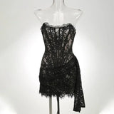 Nukty Women's Sexy Lace Dress Solid Color Sheer Patchwork High Waist Lace Dress Elegant Printed Strapless Slim Evening Dress
