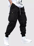 Nukty Men's Cargo Pant Solid Mid-waist Elastic Tooling Trousers Techwear Sweatpants with Flap Pocket Drawstring Beam Feet Pants