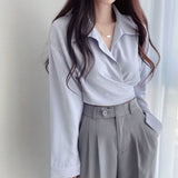 Nukty White Shirts Women Spring Korean Style Temperament Pure Chic Design Tops Lace-up Lapel New Office Lady All-match Popular Daily