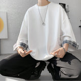 Nukty  men t shirts Summer Men's T-shirts Women Oversized 2XL Korean Style Loose Plaid T-shirt Casual Seven sleeves T-Shirt Male White