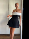 Nukty  Elegant Off Shoulder Bow Tie Mini Dress Women Sweet Party Evening Ball Gown Black Ceremonial Dresses Female Birthday Robes