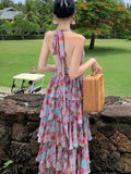 Nukty Summer  Floral Neck Halter Dresses Women New French High Waisted Cake Dress Beautiful Romantic Flowers Vestido