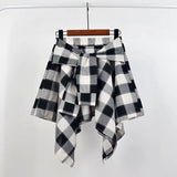 Nukty Summer Casual Retro Irregular Women Skirt Bow-knot Elastic Waist Shirt Style Blue White Lattice Mini A-line Shortskirt Female