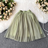 Nukty Sweet Women Mini Skirt Mesh Solid Tierred Ruffles Elastic Waist Women's Clothing Almighty A-line Tulle Skirts Summer