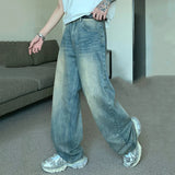 Nukty Korean Style Vintage Men's Denim Pants Fashion Washed Distressed Straight Gradient Jeans Summer Loose Slim Wide Leg