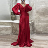 Nukty Cocktail Full Length Women Hem Maxi Dress Luxury Female V-neck Waist Party Dress Elegant Lantern Sleeve Ruffle Satin Dresses