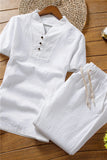 Nukty Summer Mens Cotton and Linen Short Sleeve T-Shirt+Ankle Length Pant Set Solid Color Tracksuit Home Suits Male Size M-5Xl