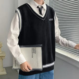 Nukty Autumn Knitted Sweater Vest Men Teens Lazy Striped Harajuku V-neck Preppy Style All-match Streetwear Couples Knitwear Fashion