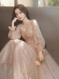 Nukty DRESS TO IMPRESS French Style Square Collar Long Sleeve Long Evening Dress Beading Sequined Prom Dresses Lace Up Tulle Wedding Party Gowns