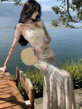 Nukty Elegant Velvet Print Mermaid Womens Dresses Sexy Spaghetti Strap Sleeveless Bodycon Evening Party Dress Slim Waist Vestidos Robe